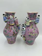 Load image into Gallery viewer, 2 Large Chinese Famille Rose Vase Pink Fertility Climbing Children in Relief