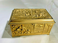 Load image into Gallery viewer, Antique Jennings Brothers Gold Gilt Heavy Bronze High Relief Scenic Lined Jewelry Casket Box Measures 6" x 3 1/2"
