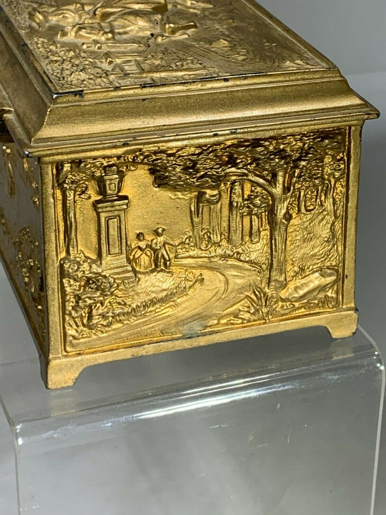 Antique Jennings Brothers Gold Gilt Heavy Bronze High Relief Scenic Lined Jewelry Casket Box Measures 6" x 3 1/2"