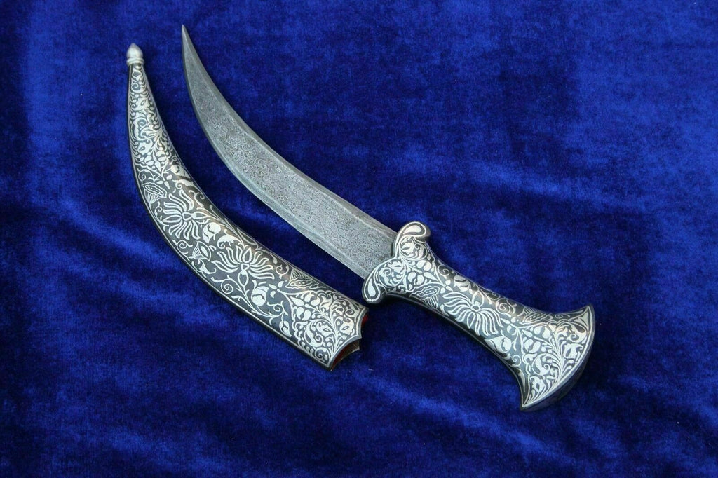11" Persian Jambiya Dagger Khanjar Knife Silver Inlay Damascened Design Work