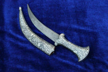 Load image into Gallery viewer, 11" Persian Jambiya Dagger Khanjar Knife Silver Inlay Damascened Design Work