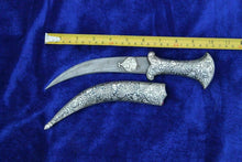 Load image into Gallery viewer, 11" Persian Jambiya Dagger Khanjar Knife Silver Inlay Damascened Design Work