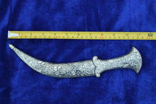 Load image into Gallery viewer, 11" Persian Jambiya Dagger Khanjar Knife Silver Inlay Damascened Design Work