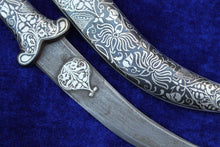 Load image into Gallery viewer, 11" Persian Jambiya Dagger Khanjar Knife Silver Inlay Damascened Design Work