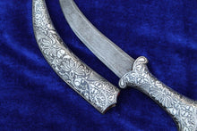 Load image into Gallery viewer, 11" Persian Jambiya Dagger Khanjar Knife Silver Inlay Damascened Design Work