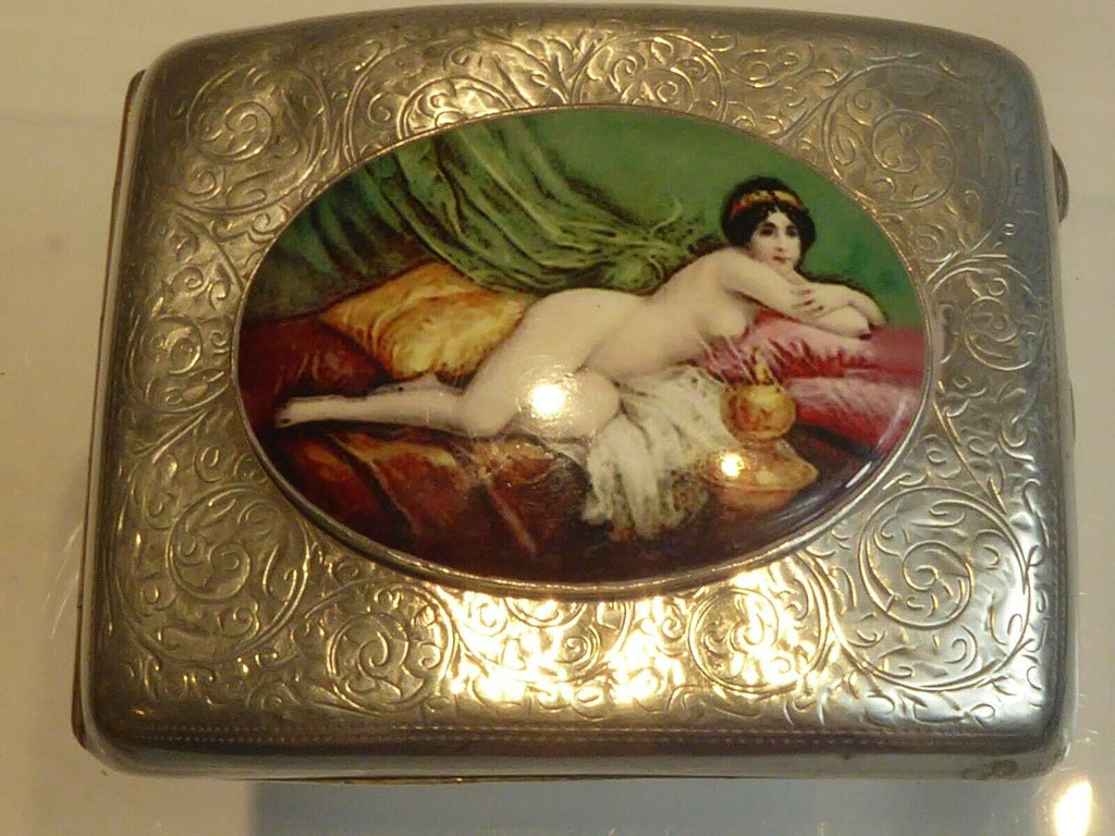 Antique British Erotic 1910s Nude Lady Sterling Silver Pictorial Enamel Cigarette Case