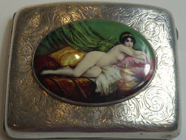 Antique British Erotic 1910s Nude Lady Sterling Silver Pictorial Enamel Cigarette Case