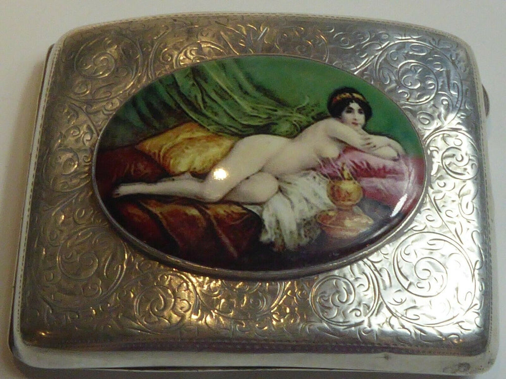 Antique British Erotic 1910s Nude Lady Sterling Silver Pictorial Enamel Cigarette Case