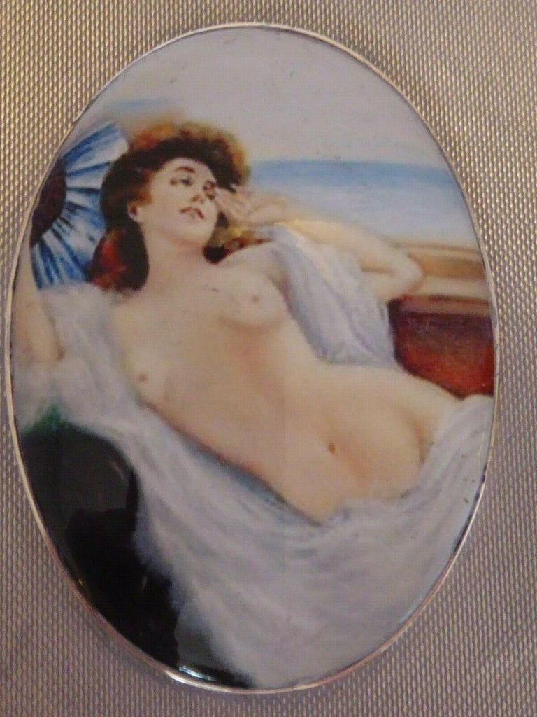 Antique British Erotic 1950s Nude Lady Sterling Silver Pictorial Enamel Cigarette Case