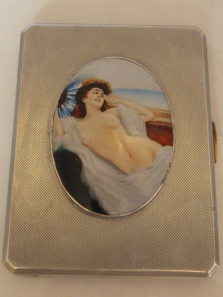 Antique British Erotic 1950s Nude Lady Sterling Silver Pictorial Enamel Cigarette Case