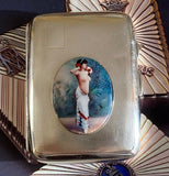 Antique British Erotic 1920s Nude Lady Dancing Sterling Silver Pictorial Enamel Cigarette Case