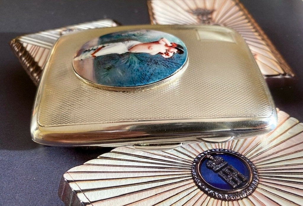 Antique British Erotic 1920s Nude Lady Dancing Sterling Silver Pictorial Enamel Cigarette Case