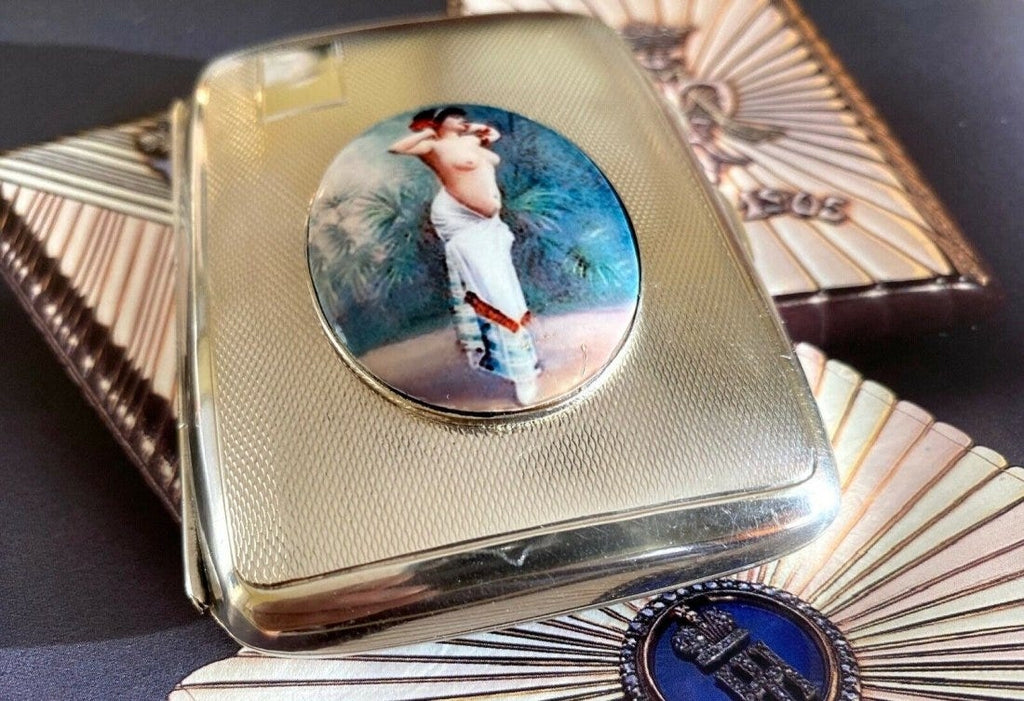 Antique British Erotic 1920s Nude Lady Dancing Sterling Silver Pictorial Enamel Cigarette Case