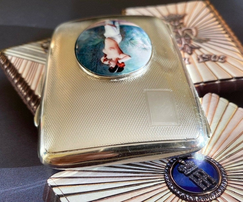 Antique British Erotic 1920s Nude Lady Dancing Sterling Silver Pictorial Enamel Cigarette Case