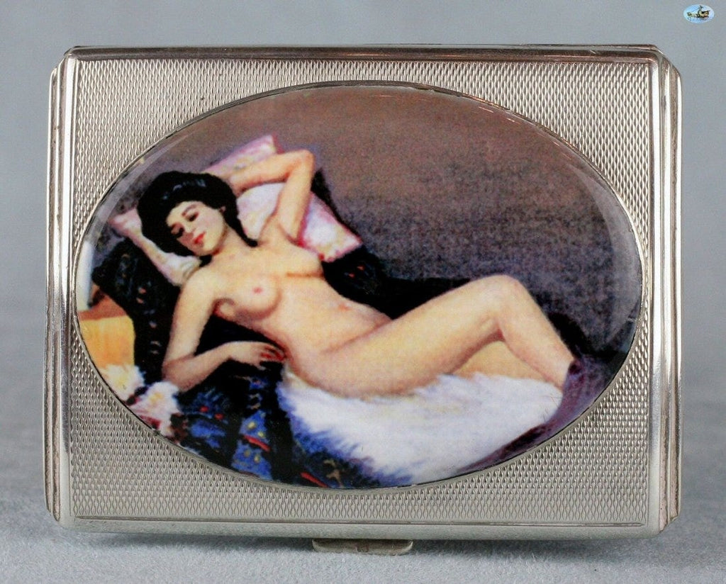 Antique British Erotic 1920s Nude Sleeping Lady Sterling Silver Pictorial Enamel Cigarette Case