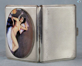 Antique British Erotic 1920s Nude Sleeping Lady Sterling Silver Pictorial Enamel Cigarette Case