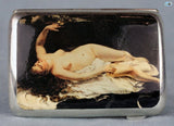 Antique British Erotic 1920s Nude Sleeping Lady with Eagle on her Hand Sterling Silver Pictorial Enamel Cigarette Case