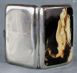 Antique British Erotic 1920s Nude Sleeping Lady with Eagle on her Hand Sterling Silver Pictorial Enamel Cigarette Case
