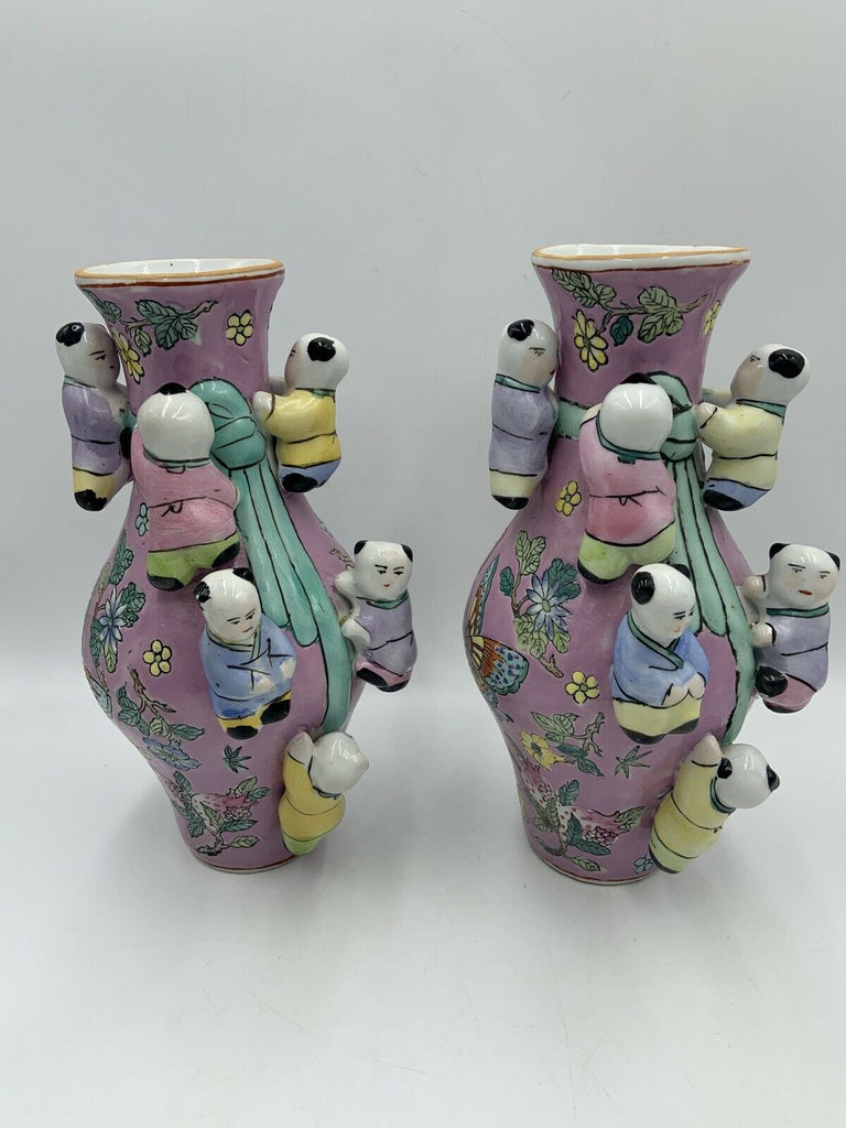 2 Large Chinese Famille Rose Vase Pink Fertility Climbing Children in Relief