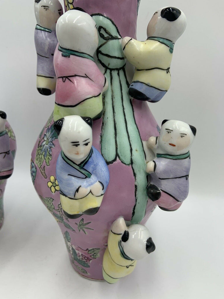 2 Large Chinese Famille Rose Vase Pink Fertility Climbing Children in Relief