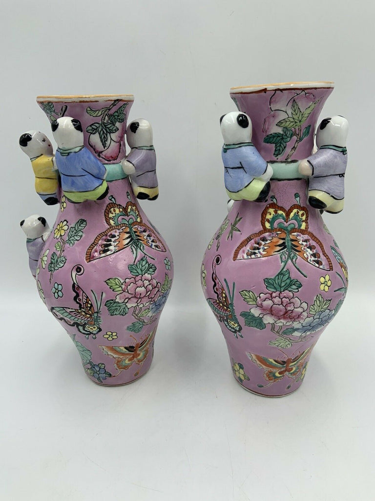 2 Large Chinese Famille Rose Vase Pink Fertility Climbing Children in Relief