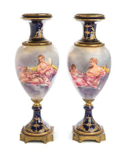 Load image into Gallery viewer, A Pair of 24” 19th/20th-Century Gilt Bronze Mounted Sevres Style Porcelain Urns