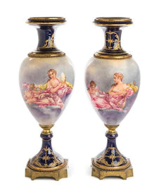 A Pair of 24” 19th/20th-Century Gilt Bronze Mounted Sevres Style Porcelain Urns