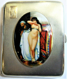 Antique British Erotic 1932s Nude Lady & Arab Man Sterling Silver Pictorial Enamel Cigarette Case