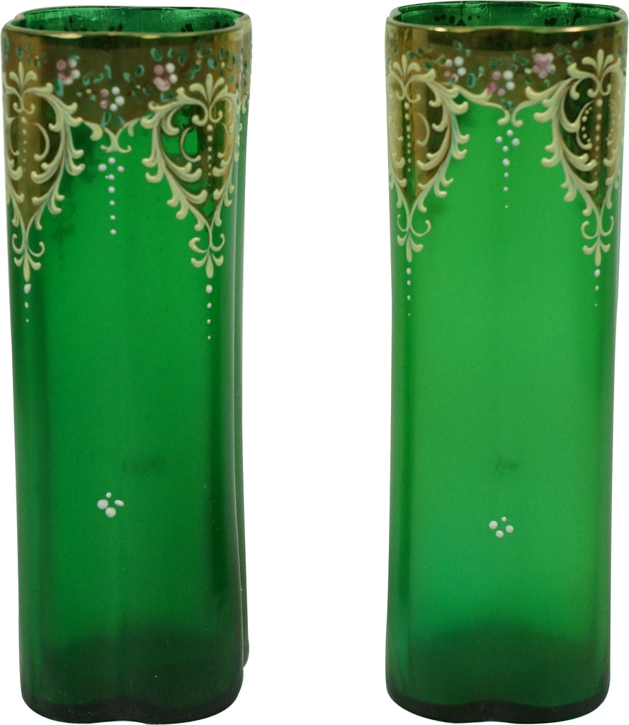 2 Moser Bohemian Antique Emerald Green Overlay Gold Gilt Floral Glass Vases