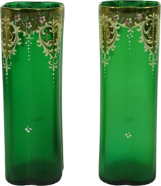 2 Moser Bohemian Antique Emerald Green Overlay Gold Gilt Floral Glass Vases