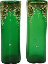 Load image into Gallery viewer, 2 Moser Bohemian Antique Emerald Green Overlay Gold Gilt Floral Glass Vases