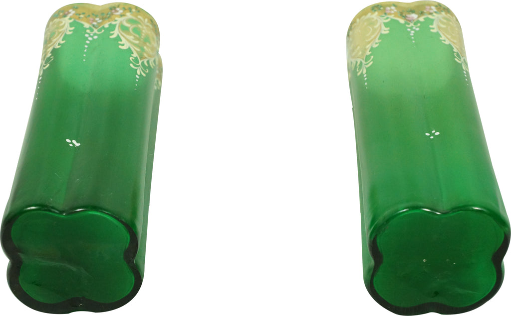 2 Moser Bohemian Antique Emerald Green Overlay Gold Gilt Floral Glass Vases