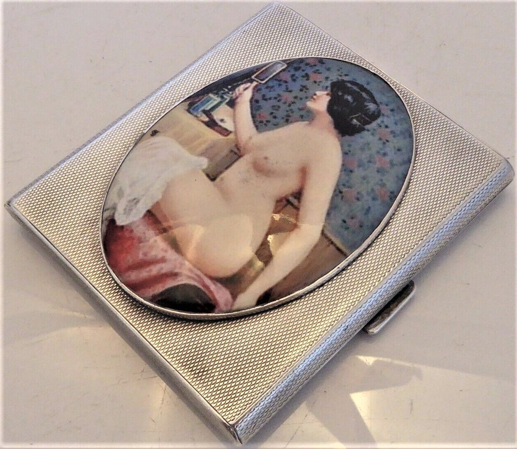 Antique British Erotic 1924s Nude Lady Sterling Silver Pictorial Enamel Cigarette Case