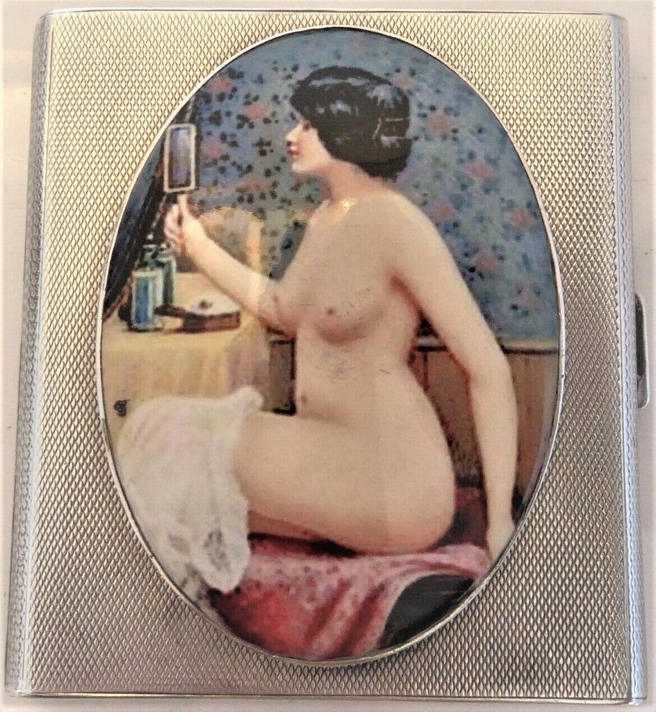 Antique British Erotic 1924s Nude Lady Sterling Silver Pictorial Enamel Cigarette Case