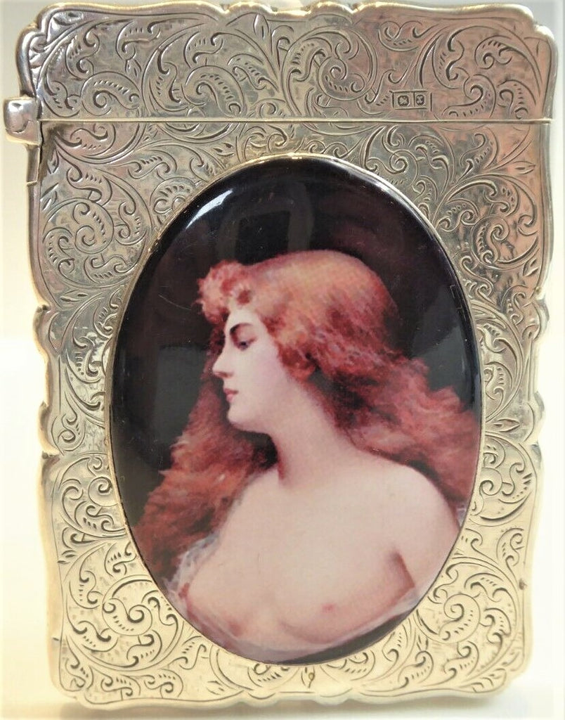 Antique British Erotic 1897s Nude Lady Sterling Silver Pictorial Enamel Card Case