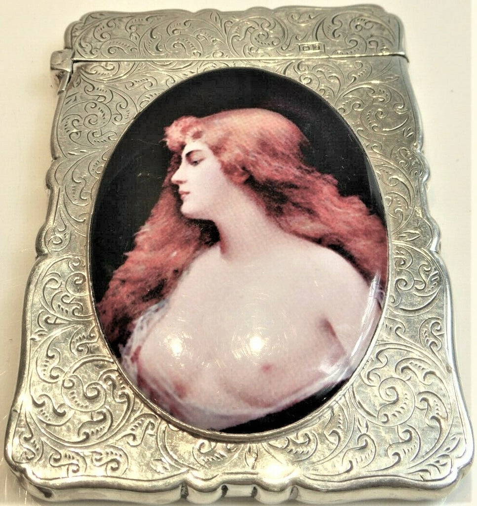 Antique British Erotic 1897s Nude Lady Sterling Silver Pictorial Enamel Card Case