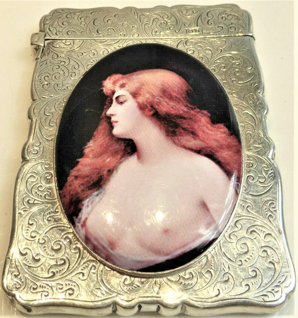 Antique British Erotic 1897s Nude Lady Sterling Silver Pictorial Enamel Card Case