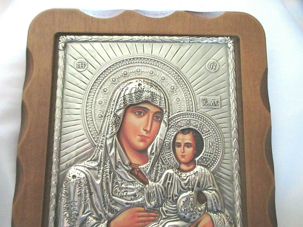 Silver Foil Religious Icon Holy Mother & Child-Mounted on Wood-SLEVORI-8" x 10"