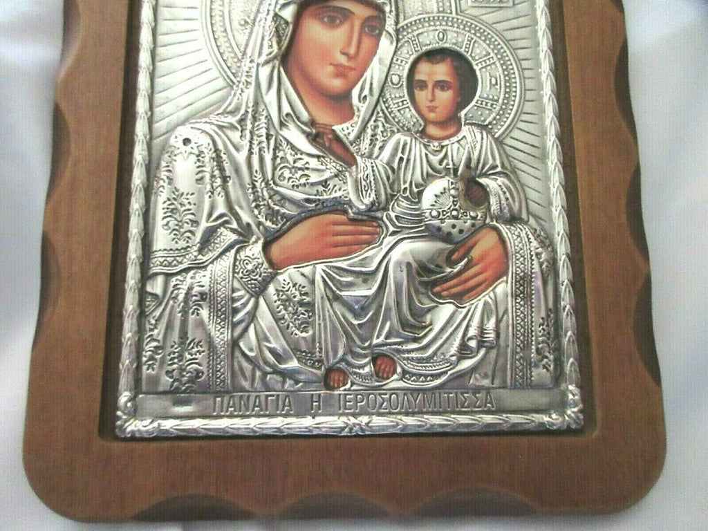 Silver Foil Religious Icon Holy Mother & Child-Mounted on Wood-SLEVORI-8" x 10"