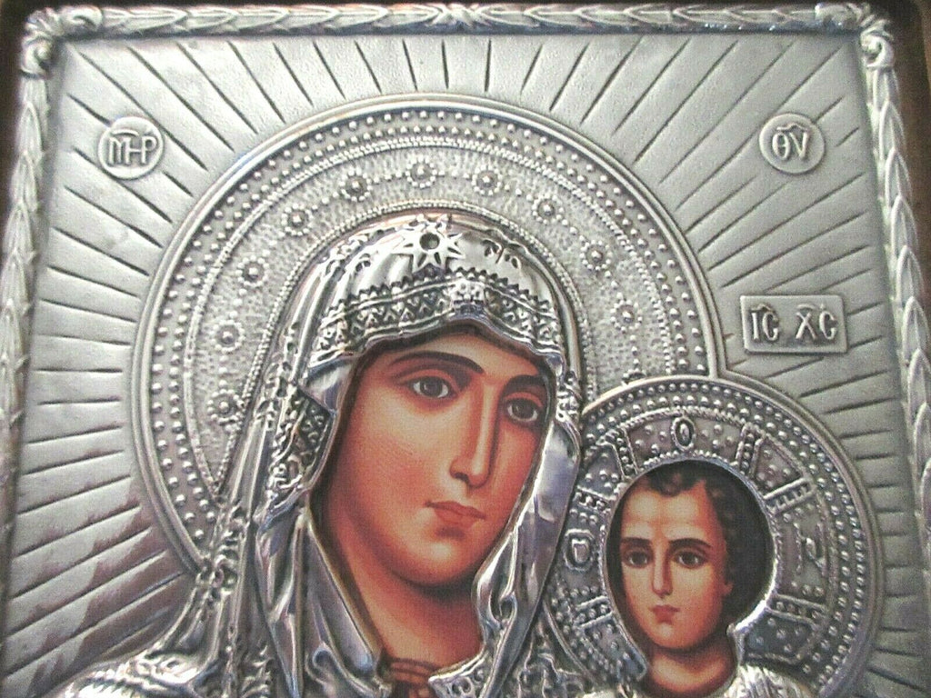 Silver Foil Religious Icon Holy Mother & Child-Mounted on Wood-SLEVORI-8" x 10"