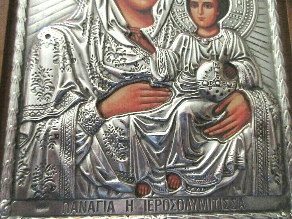 Silver Foil Religious Icon Holy Mother & Child-Mounted on Wood-SLEVORI-8" x 10"