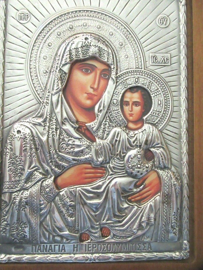 Silver Foil Religious Icon Holy Mother & Child-Mounted on Wood-SLEVORI-8" x 10"