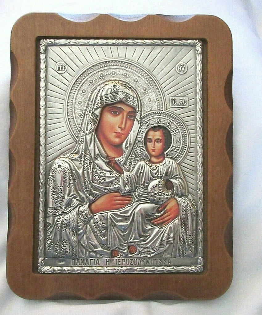 Silver Foil Religious Icon Holy Mother & Child-Mounted on Wood-SLEVORI-8" x 10"