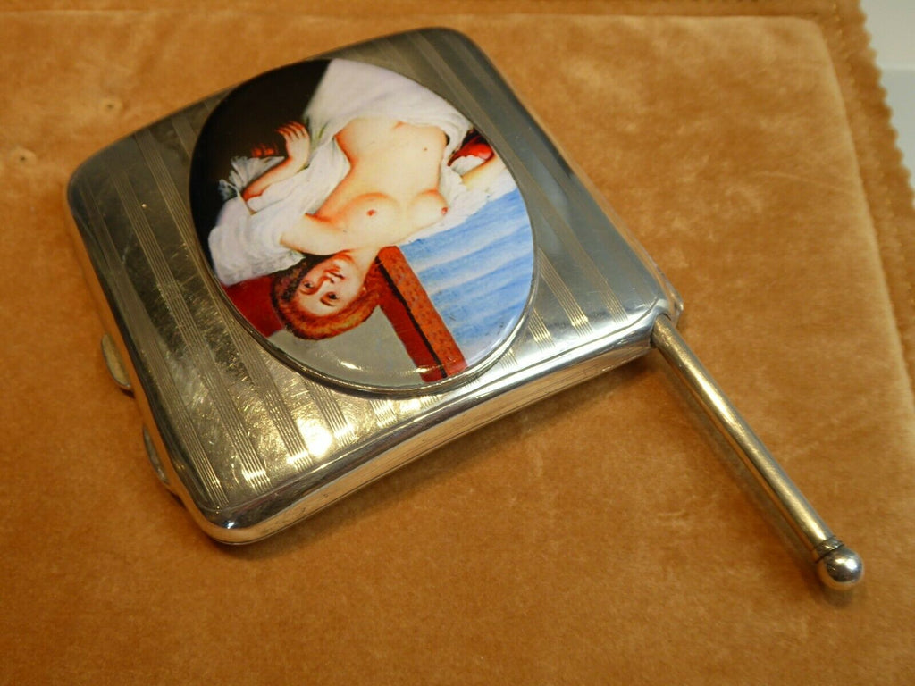 Antique British Erotic 1912s Nude Lady Reclining Sterling Silver Pictorial Enamel Cigarette Case with Hidden Silver Pencil