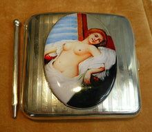 Load image into Gallery viewer, Antique British Erotic 1912s Nude Lady Reclining Sterling Silver Pictorial Enamel Cigarette Case with Hidden Silver Pencil