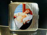 Antique British Erotic 1912s Nude Lady Reclining Sterling Silver Pictorial Enamel Cigarette Case with Hidden Silver Pencil