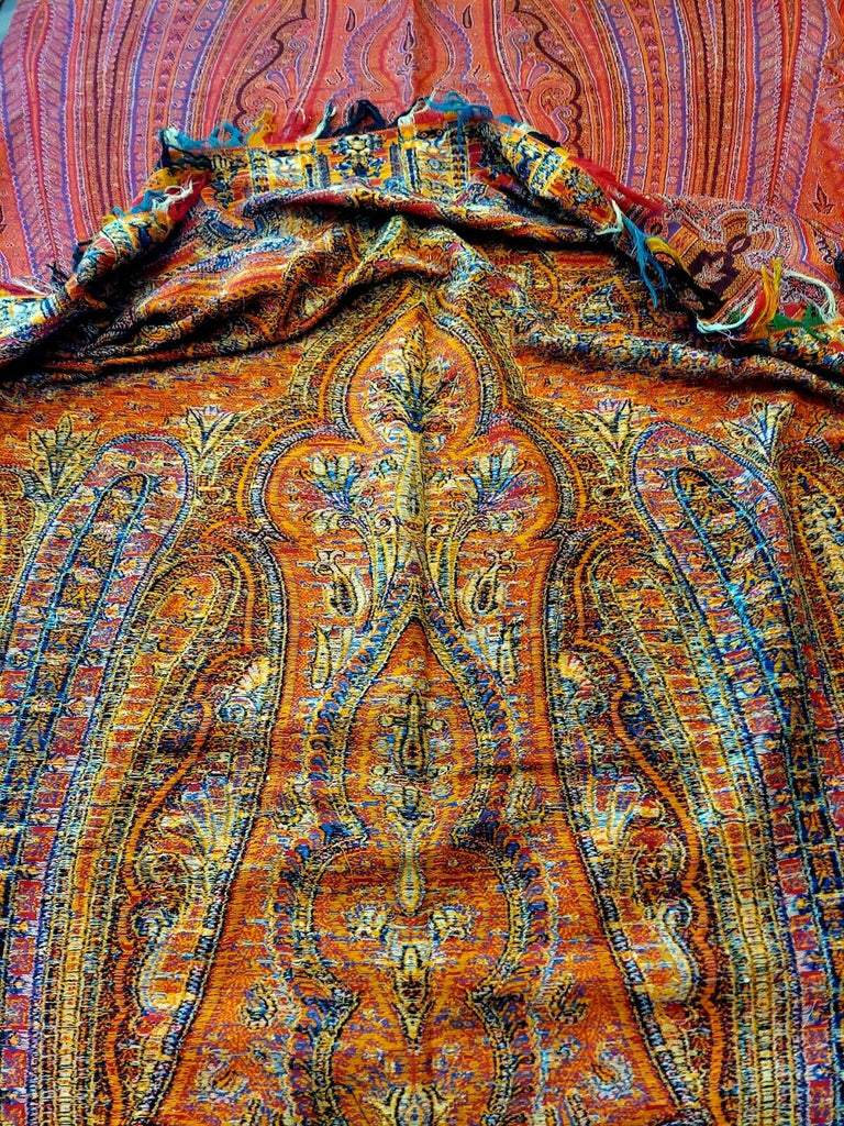 Antique 1860's Paisley Women's Jacquard Shawl Wrap 64" x 125" with Arm Holes