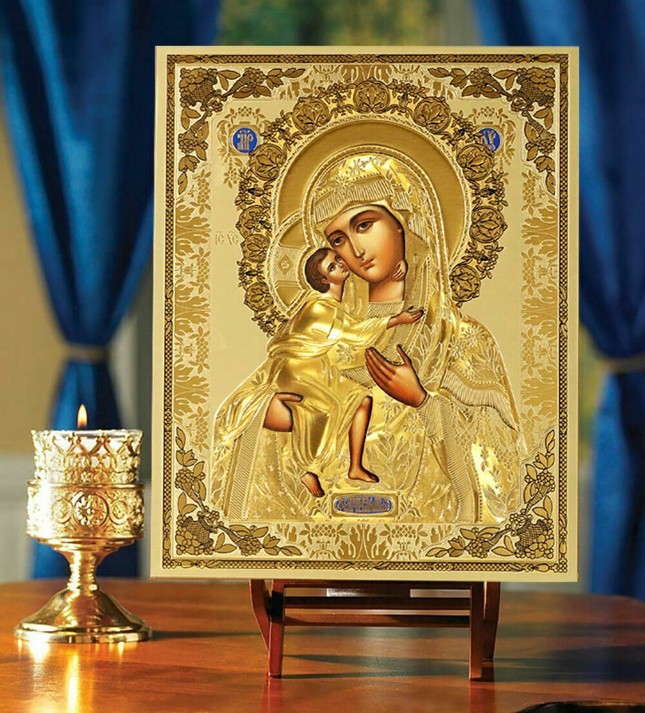 11"  Russian Icon Madonna and Child Feodorovskaya Mother of God Gold Embossed