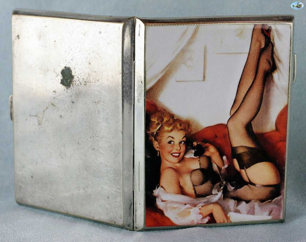 Antique British Erotic 1920s Nude Lady Boudoir Sterling Silver Pictorial Enamel Cigarette Case