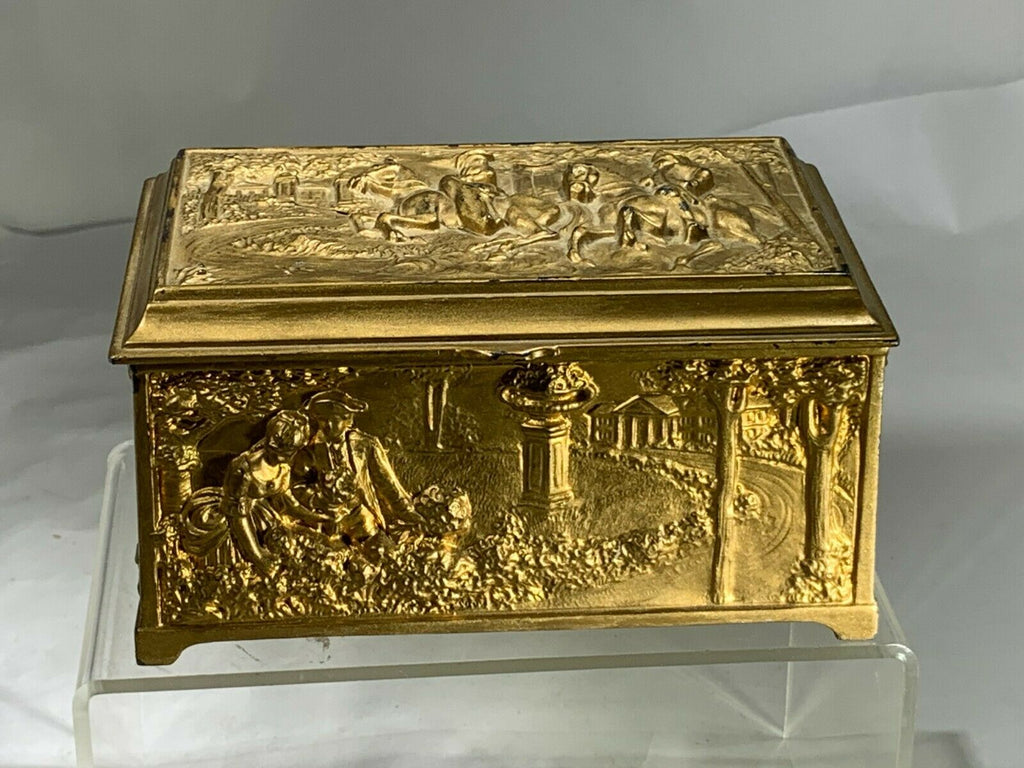 Antique Jennings Brothers Gold Gilt Heavy Bronze High Relief Scenic Lined Jewelry Casket Box Measures 6" x 3 1/2"